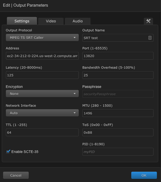 Configuration en direct de Haivision Haivision-vive-Job-config
