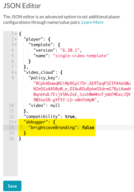 JSON Editor pas de marque Brightcove Player